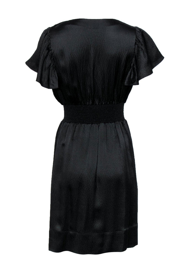 Current Boutique-Rebecca Taylor - Black Textured Silk Dress w/ Ruffle Sleeves & Cinch Waist Sz 12