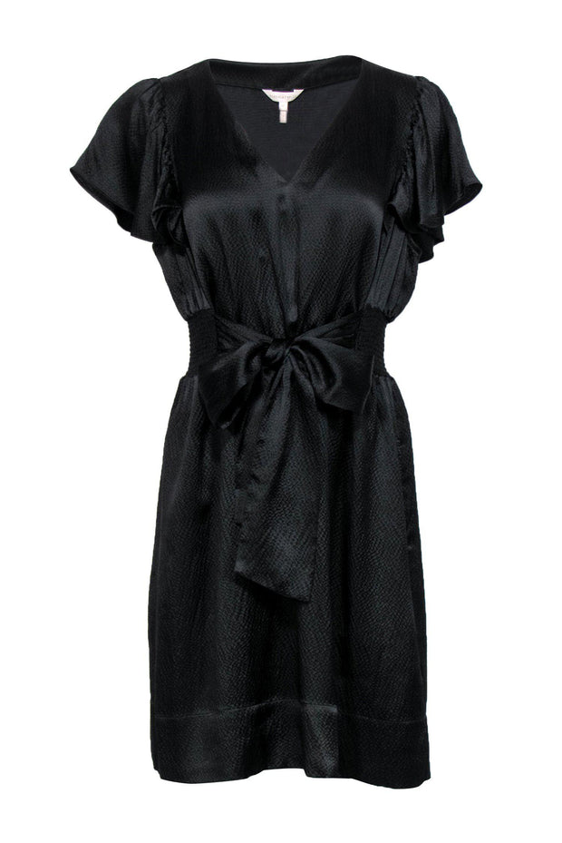 Current Boutique-Rebecca Taylor - Black Textured Silk Dress w/ Ruffle Sleeves & Cinch Waist Sz 12
