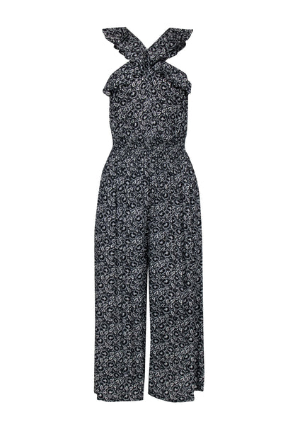 Current Boutique-Rebecca Taylor - Black & White Floral Print Silk Wide Leg Jumpsuit w/ Ruffle Neckline Sz 4