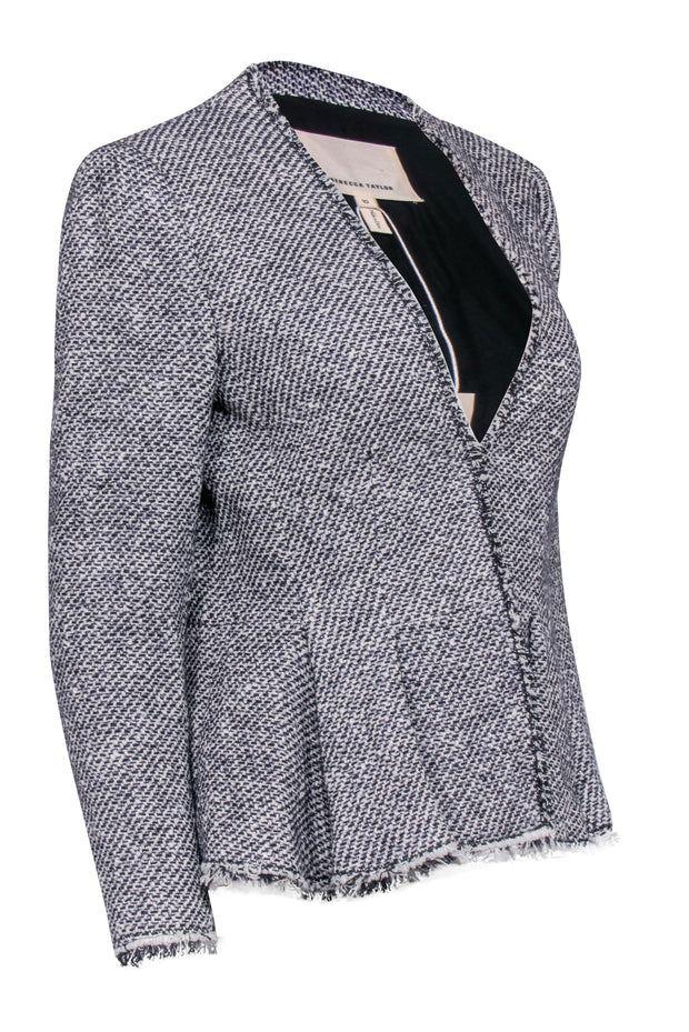 Current Boutique-Rebecca Taylor - Black & White Lurex Tweed Peplum Blazer w/ Fringe Hem Sz 10