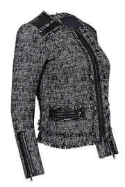 Current Boutique-Rebecca Taylor - Black & White Tweed Jacket w/ Fringe & Leather Trim Sz 0