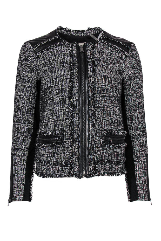 Current Boutique-Rebecca Taylor - Black & White Tweed Jacket w/ Fringe & Leather Trim Sz 0