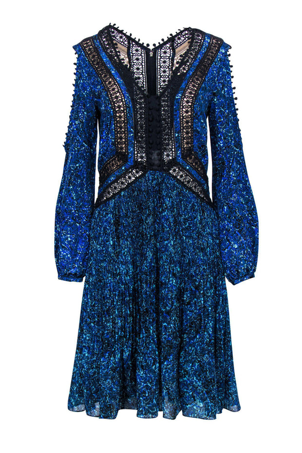 Current Boutique-Rebecca Taylor - Blue Floral Print Cold Shoulder A-Line Dress w/ Lace Trim Sz 4