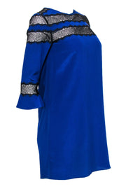 Current Boutique-Rebecca Taylor - Blue Long Sleeve Silk Shift Dress w/ Black Lace Trim Sz 2