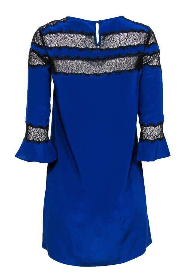 Current Boutique-Rebecca Taylor - Blue Long Sleeve Silk Shift Dress w/ Black Lace Trim Sz 2