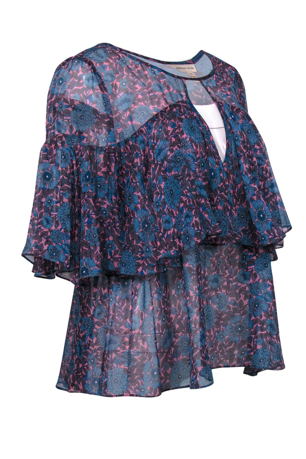 Current Boutique-Rebecca Taylor - Blue & Pink Floral Print Cap Sleeve Silk Blouse w/ Flounce Sz 10