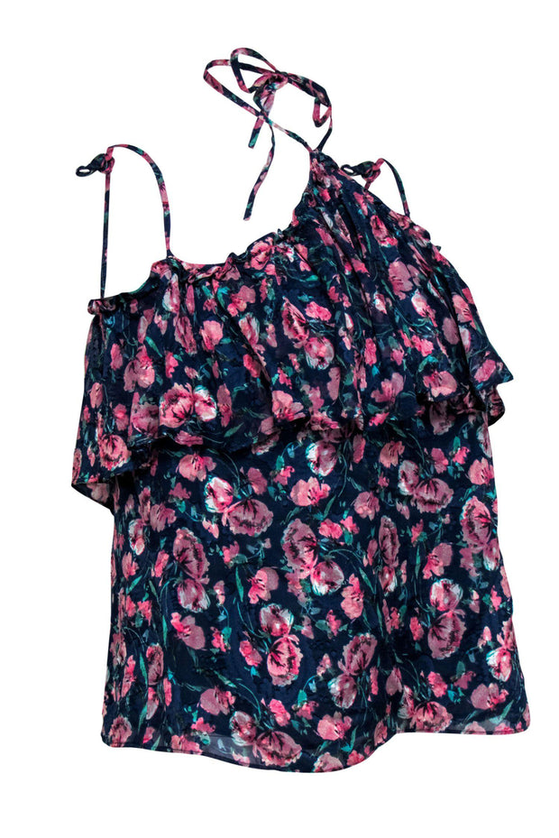 Current Boutique-Rebecca Taylor - Blue & Pink Floral Print Strappy Halter Tank w/ Flounce Hem Sz 8