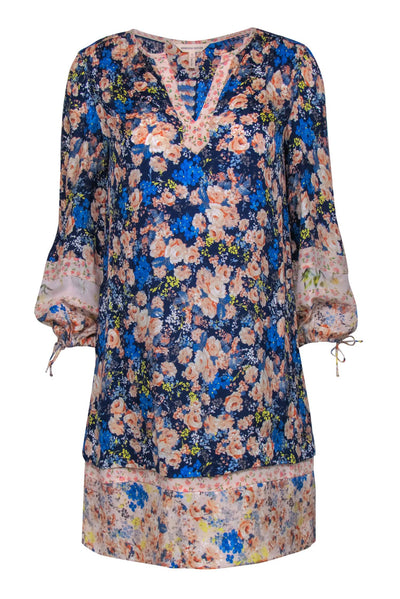 Current Boutique-Rebecca Taylor - Blue & Pink Rose Printed Textured Shift Dress Sz 6