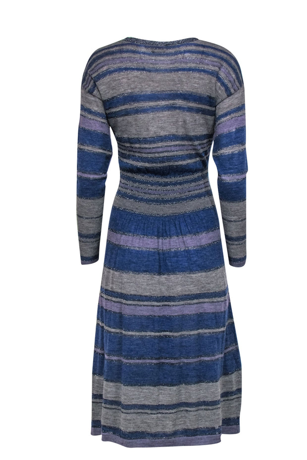 Current Boutique-Rebecca Taylor - Blue, Violet & Grey Striped Dress Sz S