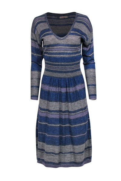 Current Boutique-Rebecca Taylor - Blue, Violet & Grey Striped Dress Sz S