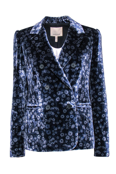 Current Boutique-Rebecca Taylor - Blue & White Floral Velvet Double Breasted Blazer Sz 10