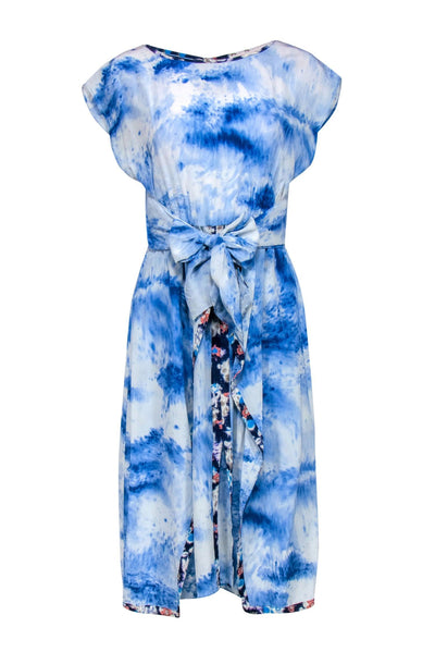 Current Boutique-Rebecca Taylor - Blue & White Marbled Tie-Waist Dress w/ Contrasting Trim Sz 6