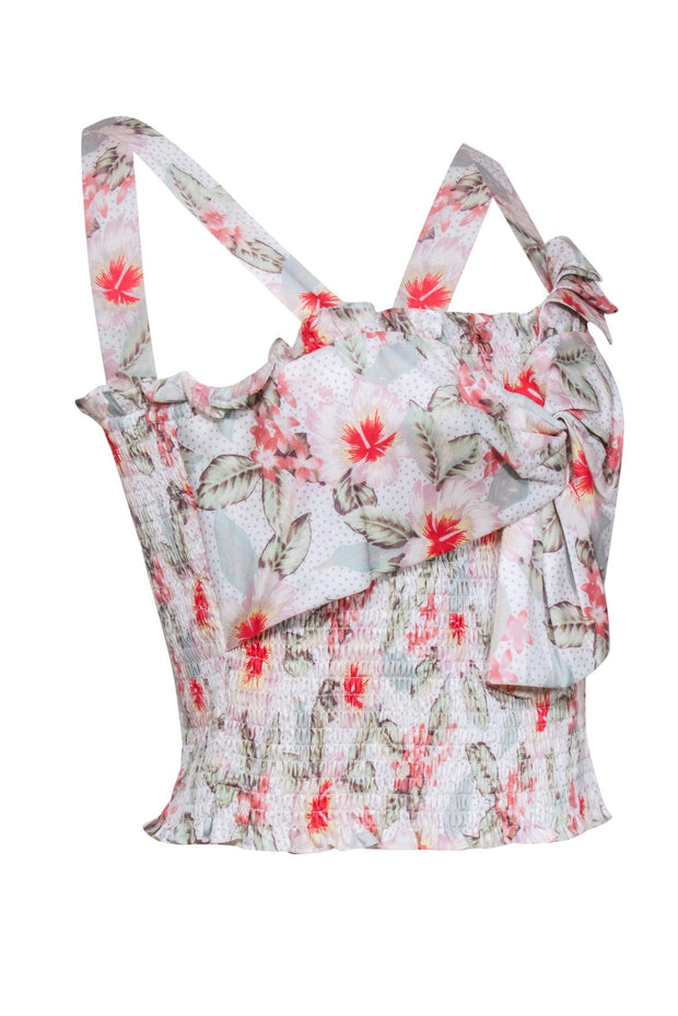 Current Boutique-Rebecca Taylor - Cream & Multicolor Floral Print Crop Top w/ Smocking Detail Sz M