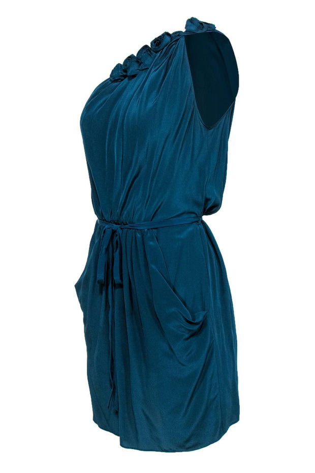 Current Boutique-Rebecca Taylor - Dark Teal One-Shoulder Belted Silk Mini Dress w/ Rosettes Sz 8