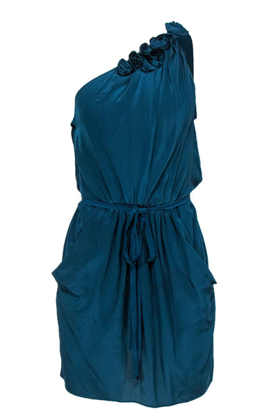 Current Boutique-Rebecca Taylor - Dark Teal One-Shoulder Belted Silk Mini Dress w/ Rosettes Sz 8