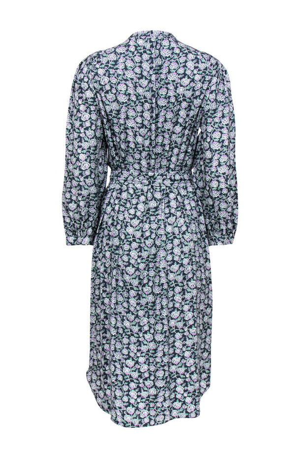 Current Boutique-Rebecca Taylor - Green, Navy & Purple Floral Print Silk Shirt Dress Sz 8