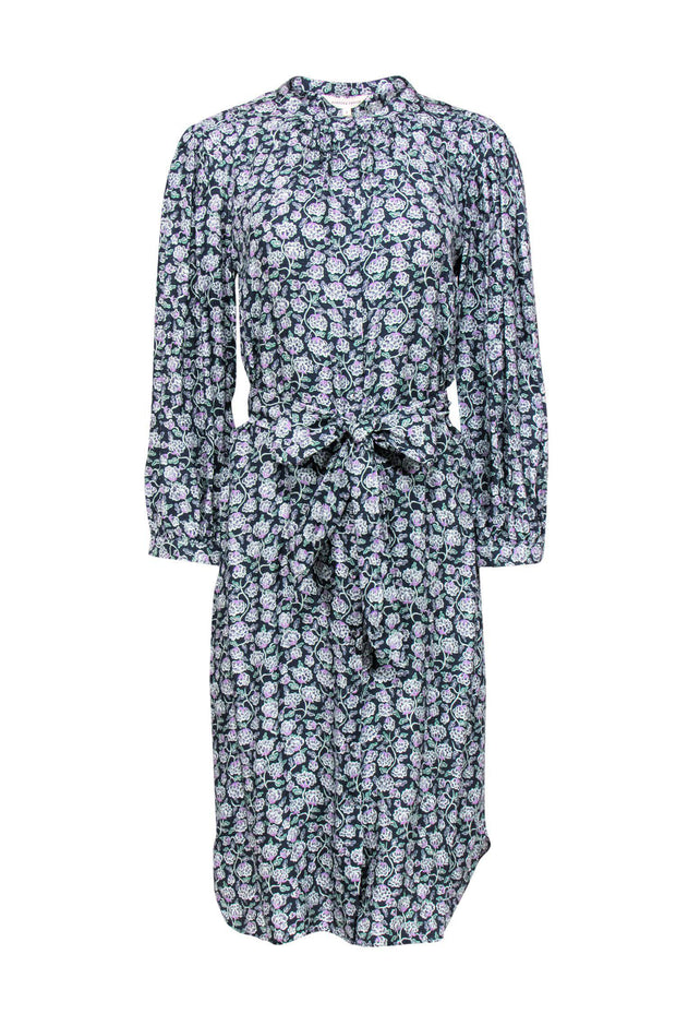Current Boutique-Rebecca Taylor - Green, Navy & Purple Floral Print Silk Shirt Dress Sz 8