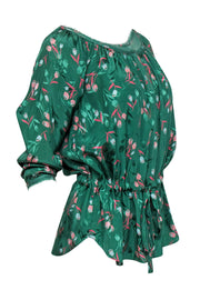 Current Boutique-Rebecca Taylor - Green Tulip Print Blouse w/ Drawstring Sz 4
