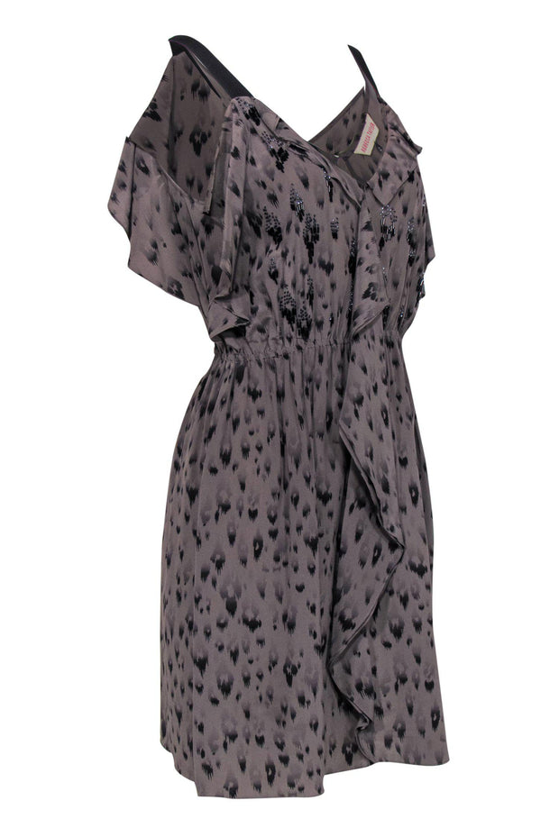 Current Boutique-Rebecca Taylor - Grey & Black Leopard Print Sleeveless Ruffle Silk Dress w/ Beading Sz 6