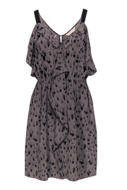 Current Boutique-Rebecca Taylor - Grey & Black Leopard Print Sleeveless Ruffle Silk Dress w/ Beading Sz 6