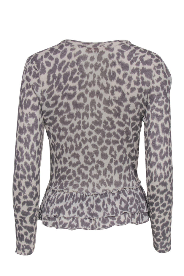Current Boutique-Rebecca Taylor - Grey Leopard Print Tie Cardigan w/ Ruffle Hem Sz XS