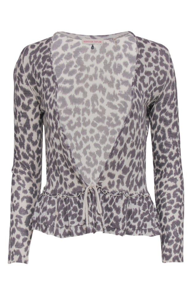 Current Boutique-Rebecca Taylor - Grey Leopard Print Tie Cardigan w/ Ruffle Hem Sz XS