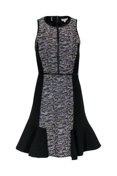 Current Boutique-Rebecca Taylor - Grey & Metallic Blue Paneled Tweed Dress w/ Peplum Sz 6