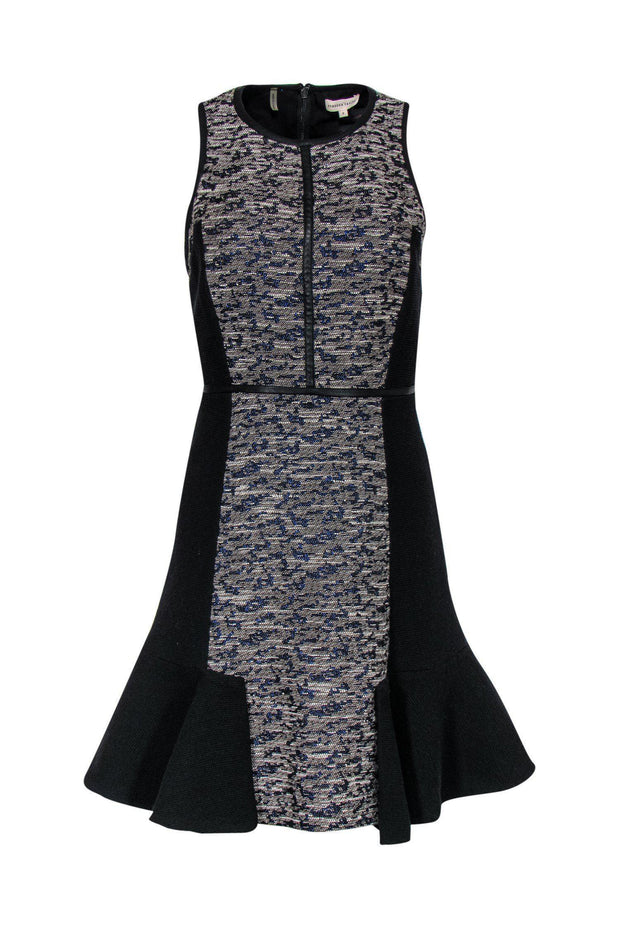Current Boutique-Rebecca Taylor - Grey & Metallic Blue Paneled Tweed Dress w/ Peplum Sz 6
