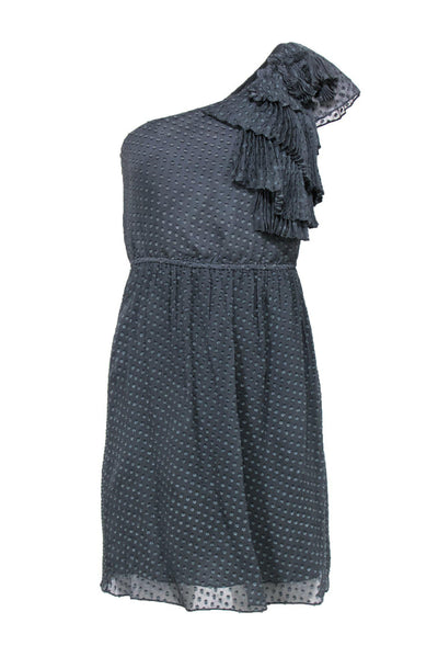 Current Boutique-Rebecca Taylor - Grey Polka Dot One-Shoulder Pleated Dress Sz 0