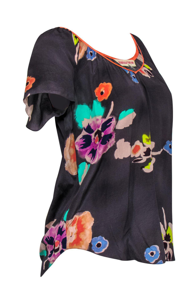 Current Boutique-Rebecca Taylor - Grey Short Sleeve Silk Floral Top Sz 0