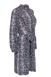 Current Boutique-Rebecca Taylor - Grey Snakeskin Print Tied Silk Shirtdress Sz 6