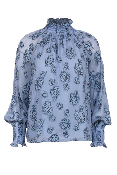 Current Boutique-Rebecca Taylor - Light Blue Sparkly Floral Print Long Sleeve Mock Neck Blouse Sz 2