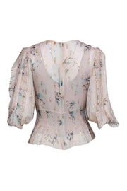 Current Boutique-Rebecca Taylor - Light Pink Floral & Metallic Puff Sleeve Silk Blouse w/ Pleated Trim Sz 0
