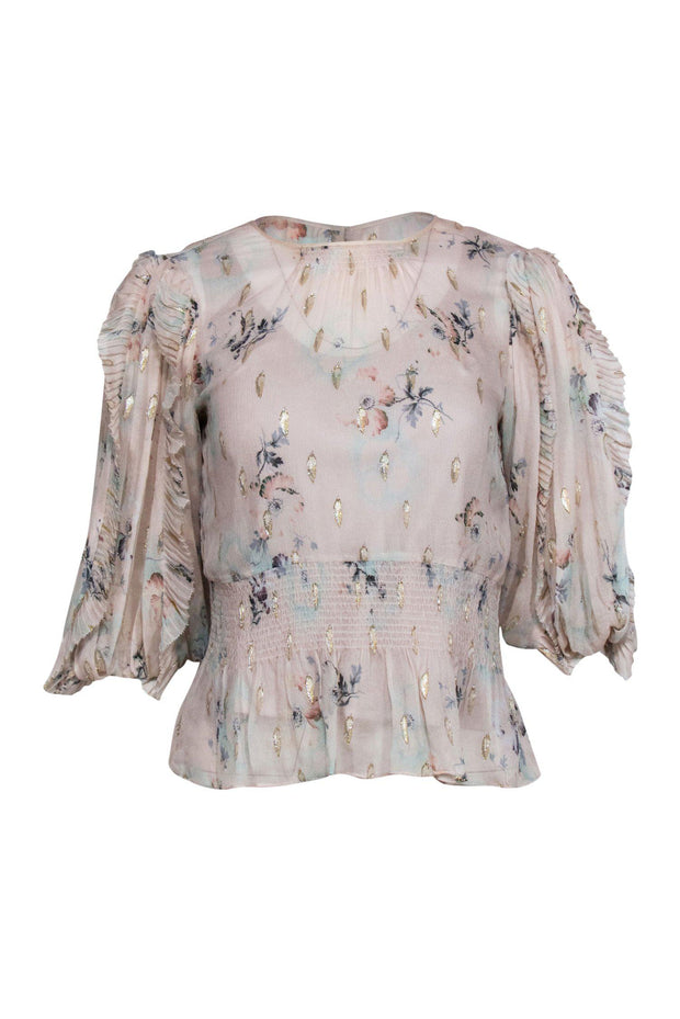 Current Boutique-Rebecca Taylor - Light Pink Floral & Metallic Puff Sleeve Silk Blouse w/ Pleated Trim Sz 0
