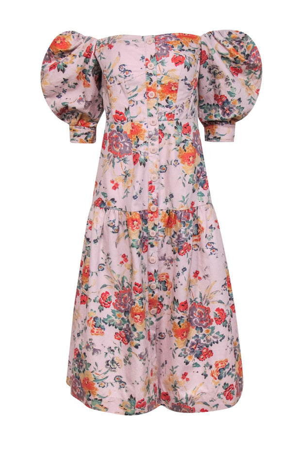 Current Boutique-Rebecca Taylor - Lilac Floral Cotton & Linen Off-the-Shoulder Maxi Dress Sz 4