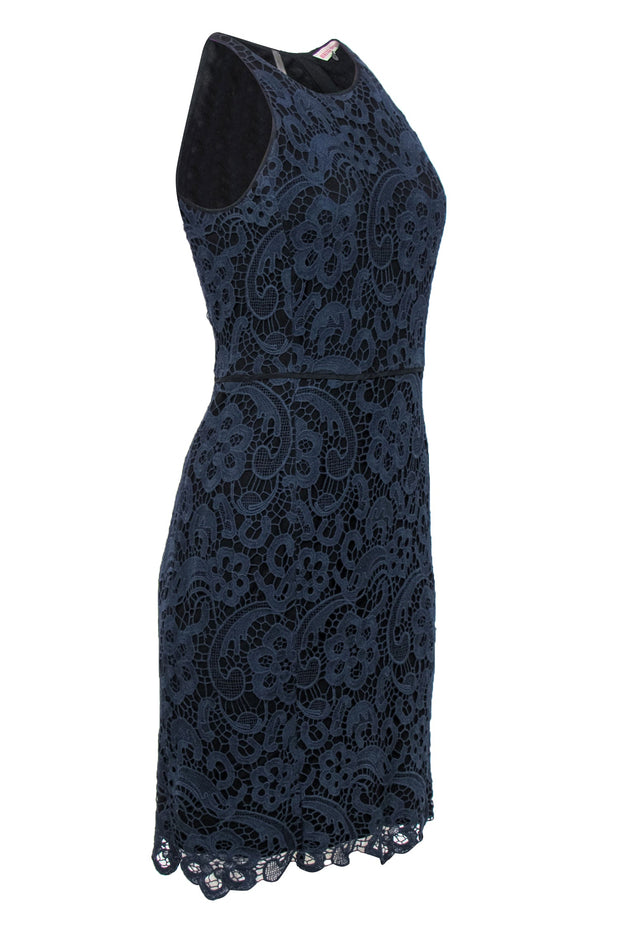 Current Boutique-Rebecca Taylor - Navy Floral Lace Sleeveless Sheath Dress w/ Black Underlay Sz 4