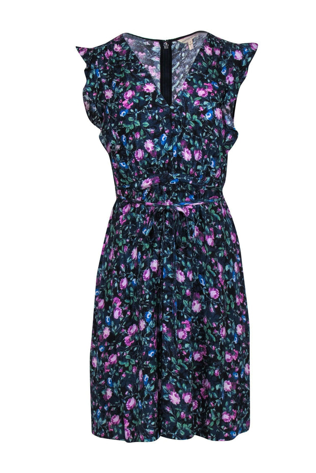 Current Boutique-Rebecca Taylor - Navy Floral Print Short Sleeve Mini Dress w/ Belt Sz 10