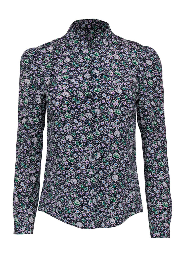 Current Boutique-Rebecca Taylor - Navy Floral Silk Blend Collared Blouse Sz S