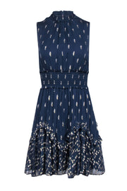 Current Boutique-Rebecca Taylor - Navy & Gold Print Sleeveless High Neck w/ Smocked Waist Dress Sz 0