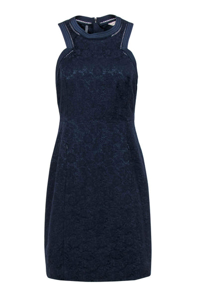 Current Boutique-Rebecca Taylor - Navy Lace Sheath Dress w/ Lattice Trim Sz 4