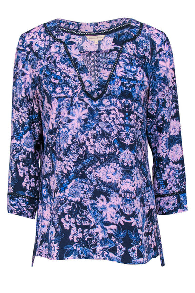 Current Boutique-Rebecca Taylor - Navy & Lavender Floral Print Silk Blouse Sz 6