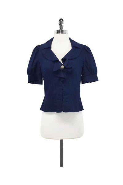 Current Boutique-Rebecca Taylor - Navy Linen Blend Cropped Ruffle Jacket Sz 2