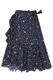 Current Boutique-Rebecca Taylor - Navy & Multicolor Floral Print Ruffled Midi Wrap Skirt Sz 4