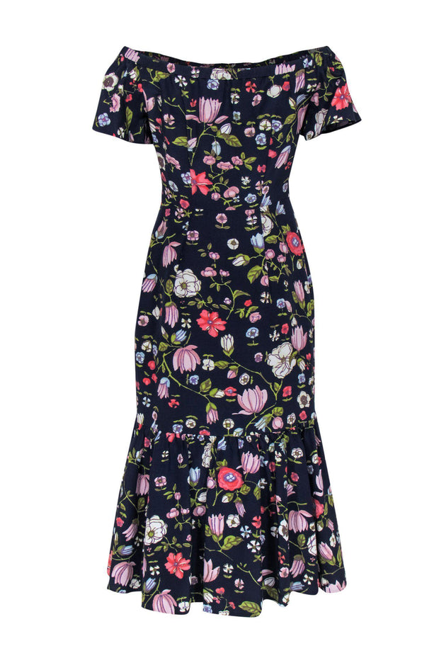 Current Boutique-Rebecca Taylor - Navy & Multicolored Floral Print Off-the-Shoulder Silk Midi Dress Sz M