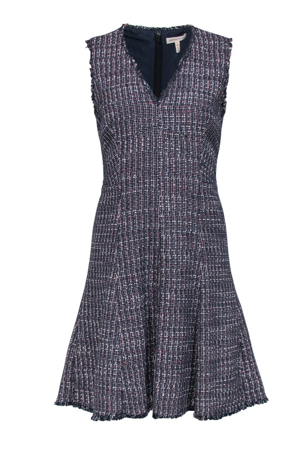Current Boutique-Rebecca Taylor - Navy & Pink Tweed Sleeveless A-Line Dress w/ Frayed Trim Sz 8