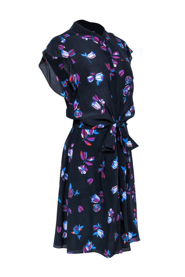 Current Boutique-Rebecca Taylor - Navy Silk Button-Up Dress w/ Floral Print & Waist Tie Sz 8