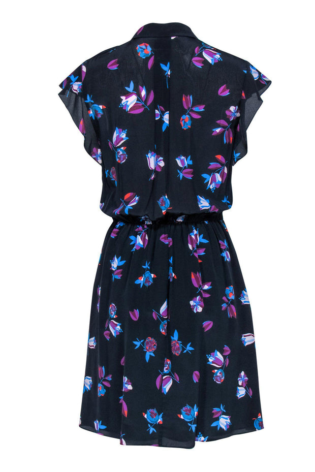 Current Boutique-Rebecca Taylor - Navy Silk Button-Up Dress w/ Floral Print & Waist Tie Sz 8