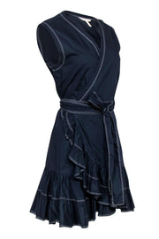 Current Boutique-Rebecca Taylor - Navy Sleeveless Ruffle Wrap Dress w/ White Stitching Sz 12
