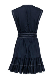 Current Boutique-Rebecca Taylor - Navy Sleeveless Ruffle Wrap Dress w/ White Stitching Sz 12