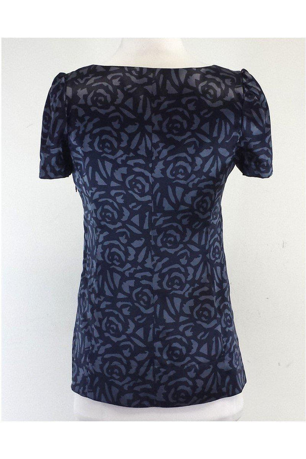 Current Boutique-Rebecca Taylor - Navy & Steel Blue Rose Print Silk Shirt Sz 4